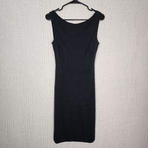 RETRO HUGO BUSCATI Boat Neck Draped Back Black Midi Fitted Dress 4